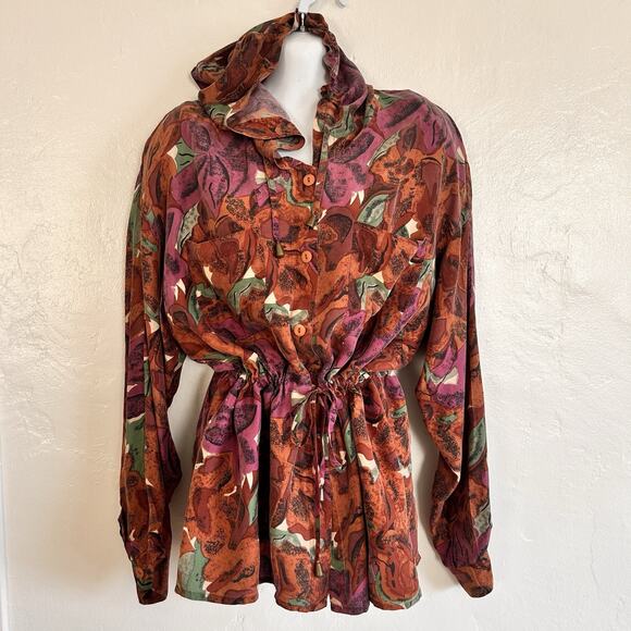 Vintage 80s Silk Floral Hoodie Shirt Women's L Jacket By Silk Plus - Picture 1 of 11